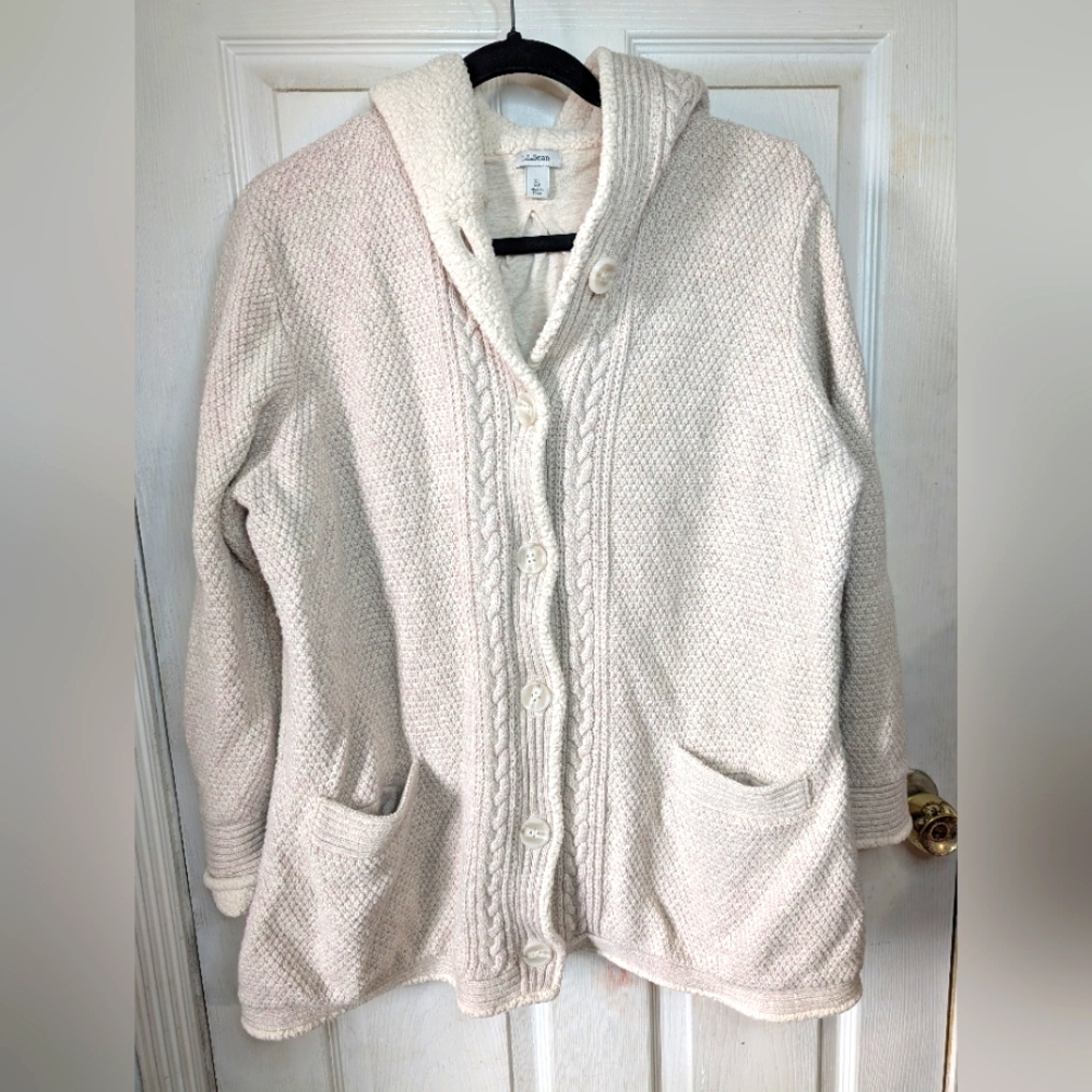 L.L. Bean Cozy Cream Hooded Sweater‎ jacket double layered SZ XL 0282